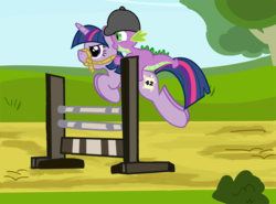 Size: 925x683 | Tagged: safe, artist:sylvesterkittycat, spike, twilight sparkle, dragon, pony, unicorn, g4, 42, bridle, dragons riding ponies, hurdle, jockey, jumping, riding, spike riding twilight, unicorn twilight