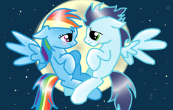 Size: 1024x652 | Tagged: safe, artist:linonka, rainbow dash, soarin', g4, blushing, female, male, ship:soarindash, shipping, straight