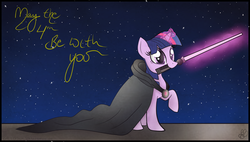 Size: 1620x920 | Tagged: safe, artist:balloons504, twilight sparkle, pony, unicorn, g4, cloak, clothes, energy weapon, female, glowing horn, hooves, horn, jedi, lightsaber, magic, mare, moon, mouth hold, night, night sky, raised hoof, sky, solo, star wars, weapon