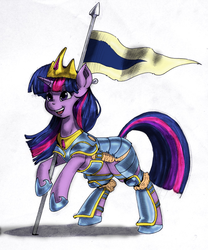 Size: 664x800 | Tagged: safe, artist:kevinsano, artist:scarletvye, twilight sparkle, pony, g4, armor, female, flag, solo