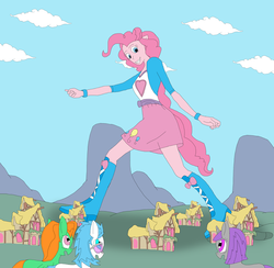 Size: 1931x1882 | Tagged: safe, artist:final7darkness, pinkie pie, oc, equestria girls, g4, boots, clothes, giantess, macro, ponyville, request, requested art, skirt, walking