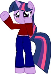 Size: 481x700 | Tagged: safe, alternate version, artist:hoodie-stalker, edit, twilight sparkle, pony, unicorn, semi-anthro, g4, 1000 hours in ms paint, bipedal, clothes, female, pants, simple background, solo, sweater, unicorn twilight, waving, white background