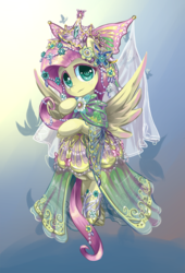 Size: 750x1100 | Tagged: safe, artist:saturnspace, fluttershy, pegasus, pony, g4, clothes, costume porn, crown, cute, design, detailed, diadem, dress, female, gala dress, head tilt, horseshoes, jewelry, looking at you, regalia, shyabetes, solo, spread wings, wings