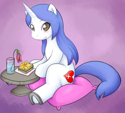 Size: 1280x1157 | Tagged: safe, artist:basketgardevoir, oc, oc only, pony, unicorn, blushing, dearheart, pillow, sandwich, table