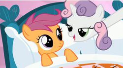 Size: 636x351 | Tagged: safe, screencap, scootaloo, sweetie belle, pony, g4, season 1, stare master, bed, female, filly, foal, hush now quiet now, lidded eyes, long neck, long pony, out of context, pillow, stretching, sweetie giraffe