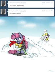 Size: 900x1169 | Tagged: safe, artist:willdrawforfood1, surprise, oc, oc:velvet, pegasus, pony, unicorn, ask surprise, g1, g4, ask, clothes, duo, g1 to g4, generation leap, scarf, skirt, snow, snowball, snowball fight, tumblr, winter
