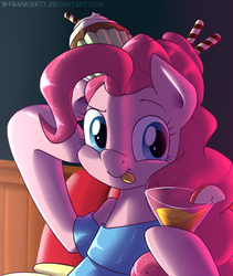 Size: 980x1161 | Tagged: safe, artist:frankier77, pinkie pie, earth pony, pony, g4, apple slice, clothes, cocktail, cupcake, cute, diapinkes, dress, drink, female, food, sitting up, solo, tongue out