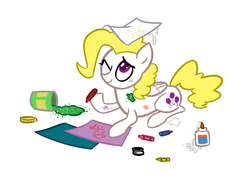Size: 819x587 | Tagged: safe, artist:willdrawforfood1, surprise, pegasus, pony, ask surprise, g1, g4, crayon, drawing, female, g1 to g4, generation leap, glitter, glue, mare, messy mane, simple background, solo, spill, white background