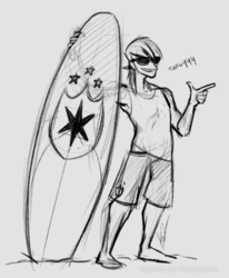 Size: 640x775 | Tagged: safe, artist:egophiliac, shining armor, human, g4, humanized, sketch, sunglasses, surfboard