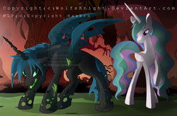 Size: 1600x1050 | Tagged: dead source, safe, artist:wolfsknight, princess celestia, queen chrysalis, alicorn, changeling, pony, g4, changeling king, king metamorphosis, rule 63, watermark