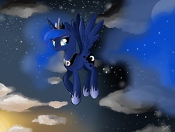 Size: 1024x768 | Tagged: dead source, safe, artist:vird-gi, princess luna, alicorn, pony, g4, cloud, ethereal mane, ethereal tail, female, flying, looking at you, mare, moon, sky, sky background, smiling, solo, spread wings, sunset, three quarter view, wings