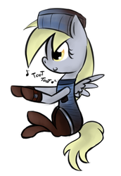Size: 341x497 | Tagged: safe, artist:lilliesinthegarden, derpy hooves, pegasus, pony, g4, c:, clothes, female, hat, mare, sitting, socks, solo, train conductor, watch