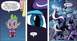 Size: 950x504 | Tagged: safe, idw, official comic, fluttershy, nightmare rarity, spike, twilight sparkle, nightmare forces, g4, spoiler:comic, nightmare creature, spanish, translation, unnamed character, unnamed nightmare forces