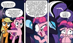 Size: 948x561 | Tagged: safe, idw, official comic, applejack, nightmare rarity, pinkie pie, earth pony, pony, g4, official, spoiler:comic, female, mare, spanish, translation