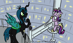 Size: 3000x1775 | Tagged: safe, artist:ginger-dilettante, princess cadance, queen chrysalis, changeling, changeling queen, g4, 30 minute art challenge, parody, star wars, wingless alicorn
