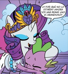 Size: 458x499 | Tagged: safe, idw, official comic, rarity, spike, dragon, pony, unicorn, g4, spoiler:comic, spoiler:comic08, female, hug, male, mare, ship:sparity, shipping, spanish, straight, translation