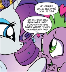 Size: 457x500 | Tagged: safe, idw, official comic, rarity, spike, dragon, pony, g4, spoiler:comic, boop, female, male, mare, ship:sparity, shipping, spanish, straight, translation