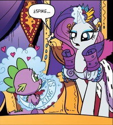 Size: 459x505 | Tagged: safe, idw, official comic, rarity, spike, dragon, pony, unicorn, g4, spoiler:comic, female, male, mare, ship:sparity, shipping, spanish, straight