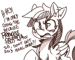 Size: 1000x800 | Tagged: dead source, safe, artist:xieril, rainbow dash, pegasus, pony, g4, blushing, dialogue, ear flick, female, folded wings, mare, monochrome, open mouth, raised hoof, simple background, solo, sweat, talking, talking to viewer, tsundere, white background, wings