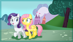 Size: 2300x1338 | Tagged: safe, artist:cosmicponye, fluttershy, rarity, g4