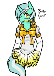 Size: 1000x1400 | Tagged: safe, artist:azure-doodle, lyra heartstrings, anthro, clothes, female, looking at you, parody, sailor moon, sexually confused lyra, simple background, smiling, solo, wand, white background