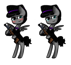 Size: 558x516 | Tagged: safe, artist:lilliesinthegarden, oc, oc only, pony, bipedal, blushing, bowtie, clothes, gun, hat, solo, suit, tommy gun, vest