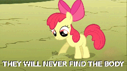 Size: 500x281 | Tagged: safe, edit, edited screencap, screencap, apple bloom, earth pony, pony, g4, magical mystery cure, season 3, animated, apple bloom's bow, bow, caption, female, filly, funny, gif, hair bow, image macro, implied murder, looking at something, looking down, outdoors, parody, shadow, smiling, solo, stomping, tail, text, underhoof