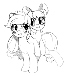 Size: 932x1001 | Tagged: safe, artist:mewball, apple bloom, applejack, earth pony, pony, g4, apple bloom riding applejack, apple bloom's bow, apple sisters, applejack's hat, bow, cowboy hat, female, filly, foal, grayscale, hair bow, happy, hat, looking at each other, looking at someone, mare, monochrome, open mouth, open smile, ponies riding ponies, raised hoof, riding, sibling love, siblings, simple background, sisterly love, sisters, smiling, white background