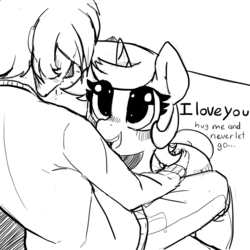 Size: 840x840 | Tagged: safe, artist:mewball, lyra heartstrings, human, pony, unicorn, g4, black and white, bronybait, dialogue, female, grayscale, male, mare, monochrome