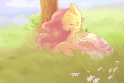 Size: 1800x1200 | Tagged: safe, artist:wolfiedrawie, fluttershy, pegasus, pony, g4, clothes, dress, eyes closed, female, mare, smiling, solo, tree