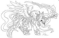 Size: 3247x2080 | Tagged: safe, artist:considerably-insane, princess luna, g4, angry, armor, female, magic, monochrome, solo, spell