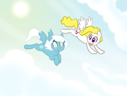 Size: 900x680 | Tagged: safe, artist:willdrawforfood1, surprise, oc, oc:echo the wonderbolt, pegasus, pony, ask surprise, g1, g4, ask, cute, female, g1 to g4, generation leap, mare, sky background, tumblr