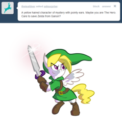 Size: 900x943 | Tagged: safe, artist:willdrawforfood1, surprise, ask surprise, g1, ask, crossover, female, g1 to g4, generation leap, link, master sword, nintendo, solo, sword, the legend of zelda, tumblr