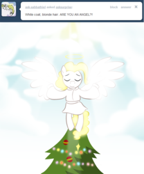 Size: 900x1080 | Tagged: safe, artist:willdrawforfood1, surprise, angel, ask surprise, g1, g4, ask, christmas, christmas tree, decoration, g1 to g4, generation leap, tree, tumblr