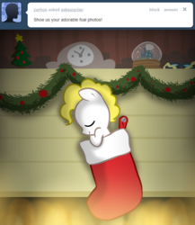 Size: 900x1035 | Tagged: safe, artist:willdrawforfood1, surprise, pony, ask surprise, g1, g4, ask, baby, baby pony, christmas, christmas stocking, foal, g1 to g4, generation leap, sock, tumblr