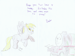 Size: 3517x2656 | Tagged: artist needed, safe, derpy hooves, pegasus, pony, g4, birthday, birthday card, card, henry the green engine, traditional art