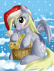 Size: 1536x2048 | Tagged: safe, artist:annakitsun3, derpy hooves, pegasus, pony, g4, female, hat, mare, muffin, santa hat, snow, snowfall, solo