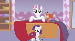 Size: 3800x2102 | Tagged: safe, artist:agrol, rarity, sweetie belle, pony, unicorn, g4, age swap, alternate universe, belle sisters, duo, duo female, female, filly, mare, older, role reversal, sewing, sewing machine, siblings, sisters