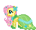 Size: 120x100 | Tagged: safe, artist:starsteppony, fluttershy, squirrel, g4, animated, clothes, desktop ponies, dress, duo, female, gala dress, pixel art, simple background, sprite, transparent background