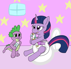 Size: 1573x1524 | Tagged: safe, artist:rogeychan, spike, twilight sparkle, dragon, pony, unicorn, g4, baby bottle, bottle, cutie mark diapers, diaper, diaper fetish, duo, female, mare, non-baby in diaper, plushie, poofy diaper