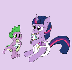 Size: 1573x1524 | Tagged: safe, artist:rogeychan, edit, spike, twilight sparkle, dragon, pony, unicorn, g4, bottle, cutie mark diapers, diaper, diaper fetish, duo, female, male, mare, non-baby in diaper, plushie, poofy diaper, simple background