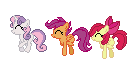 Size: 133x64 | Tagged: safe, artist:the-coop, apple bloom, scootaloo, sweetie belle, earth pony, pegasus, pony, unicorn, g4, animated, cutie mark crusaders, desktop ponies, eyes closed, female, filly, foal, lowres, simple background, skipping, smiling, sprite, transparent background, trio
