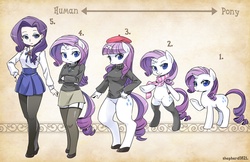Size: 1600x1035 | Tagged: safe, artist:shepherd0821, rarity, human, pony, anthro, semi-anthro, unguligrade anthro, g4, adorasexy, anthro chart, anthro with ponies, beatnik rarity, beret, bipedal, bottomless, breasts, busty rarity, clothes, curvy, cute, dress, female, garter belt, hat, humanized, line-up, looking at you, pantyhose, raribetes, scarf, sexy, skirt, socks, stockings, sweater, tights