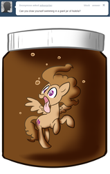 Size: 1000x1573 | Tagged: safe, artist:willdrawforfood1, surprise, pegasus, pony, ask surprise, g1, g4, ask, female, food, g1 to g4, generation leap, jar, mare, micro, nutella, open mouth, simple background, swimming, tumblr, white background