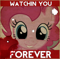 Size: 1426x1413 | Tagged: safe, artist:retro melon, pinkie pie, earth pony, pony, fallout equestria, g4, blood, bullet hole, fallout, fanfic, fanfic art, female, forever, looking at you, mare, ministry mares, ministry of morale, pinkie pie is watching you, poster, propaganda, propaganda poster, smiling, solo, teeth, text