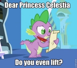 Size: 436x386 | Tagged: safe, edit, edited screencap, screencap, spike, dragon, friendship is magic, g4, caption, dear princess celestia, do you even lift, letter, male, meme, quill, roflbot, scroll, spike's love letters, tongue out, twilight's canterlot home, window