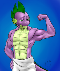 Size: 1009x1200 | Tagged: safe, artist:pia-sama, spike, dragon, anthro, g4, armpits, beefspike, clothes, flexing, male, muscles, naked towel, older, older spike, pixiv, solo, stupid sexy spike, topless, towel, towel around waist