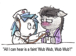 Size: 936x698 | Tagged: safe, artist:bobthedalek, dj pon-3, octavia melody, vinyl scratch, earth pony, pony, unicorn, g4, auscultation, cold, dialogue, doctor, duo, listening, red nosed, sick, stethoscope, traditional art, wub