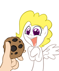 Size: 900x1082 | Tagged: safe, artist:willdrawforfood1, surprise, human, ask surprise, g1, g4, adoraprise, ask, cookie, cute, eyes on the prize, g1 to g4, generation leap, hand, happy, open mouth, simple background, smiling, spread wings, white background