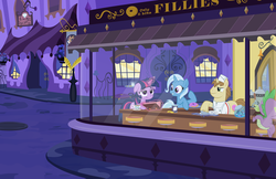Size: 2000x1299 | Tagged: safe, artist:pixelkitties, donut joe, spike, trixie, twilight sparkle, dragon, pony, unicorn, g4, bags under eyes, bell, bits, book, cafe, candy, canterlot, cup, diner, donut, female, fine art parody, floppy ears, food, glowing, glowing horn, grin, gritted teeth, horn, magic, magic aura, male, mare, mouth on side of face, night, nighthawks, parody, pillow, rag, raised hoof, sitting, smiling, stallion, stool, teacup, teeth, telekinesis, tired, unicorn twilight, water